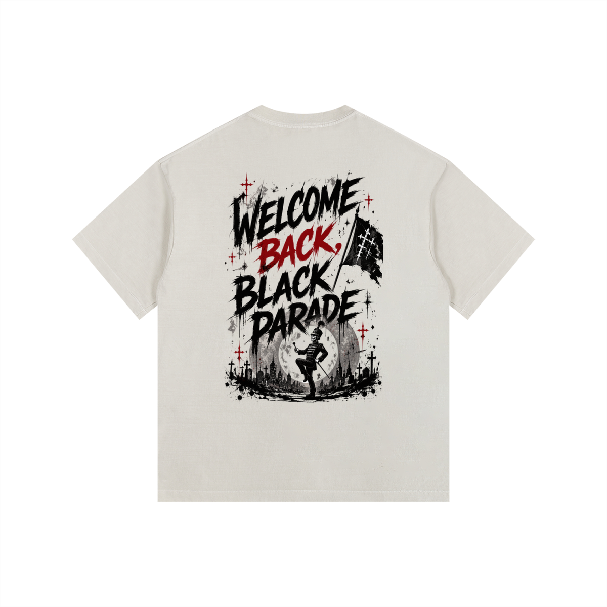 A light beige crewneck t-shirt shown from the back, featuring a bold graphic print with the text 'WELCOME BACK, BLACK PARADE' in black and red, accented with red crosses and a black-and-white flag illustration.