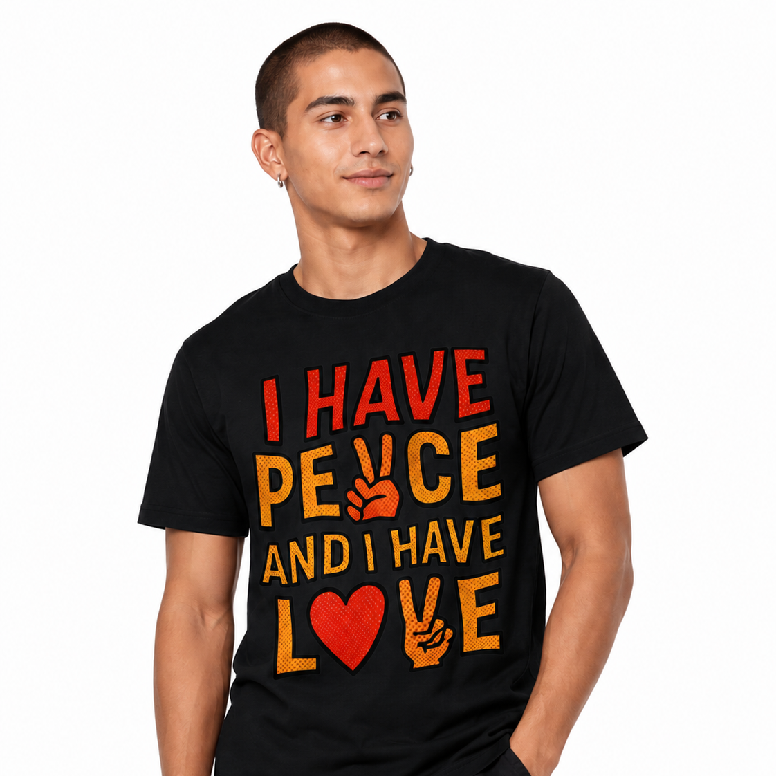 Male model wearing a black graphic T-shirt featuring “I HAVE PEACE AND I HAVE LOVE” comic-style artwork