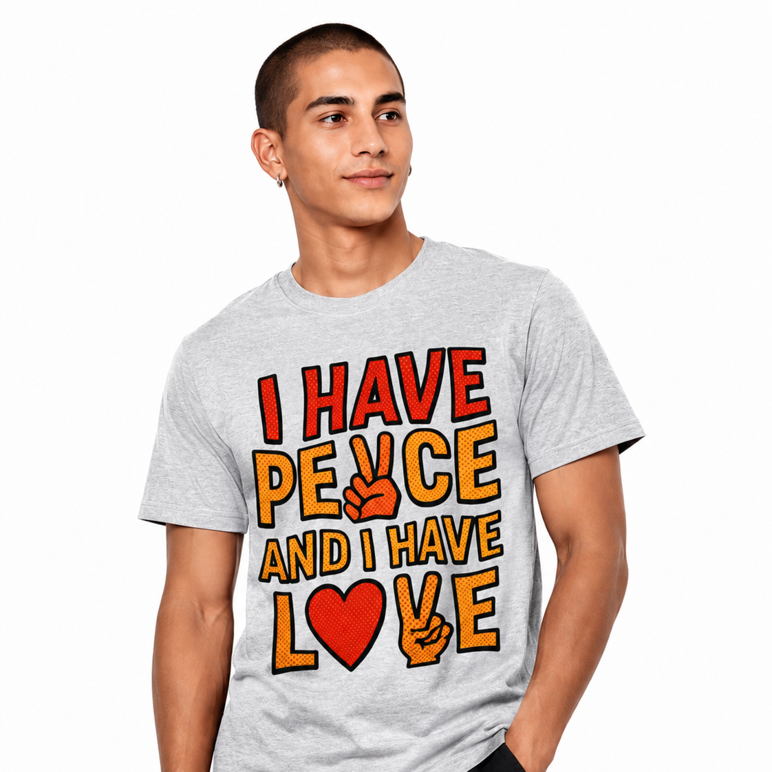 Male model wearing a heather gray graphic T-shirt featuring “I HAVE PEACE AND I HAVE LOVE” comic-style artwork