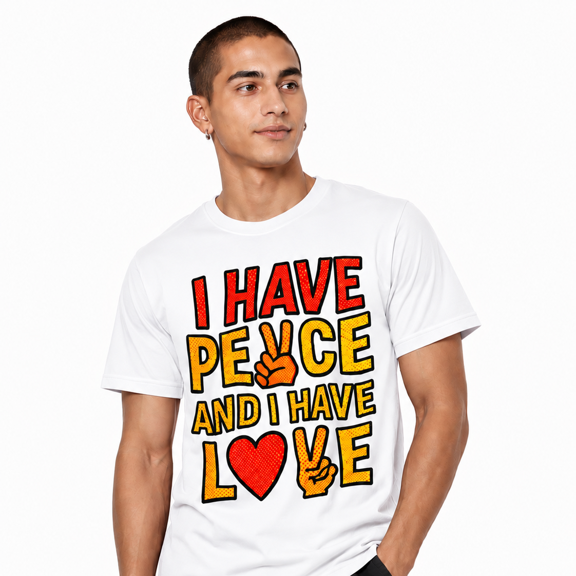 Male model wearing a white graphic T-shirt featuring “I HAVE PEACE AND I HAVE LOVE” comic-style artwork