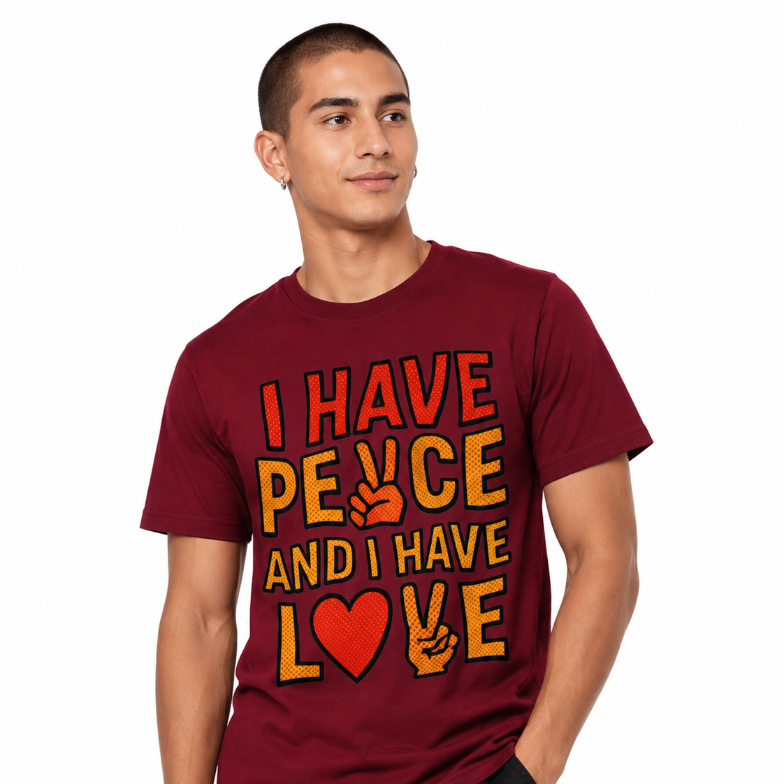 Male model wearing a wine red graphic T-shirt featuring “I HAVE PEACE AND I HAVE LOVE” comic-style artwork